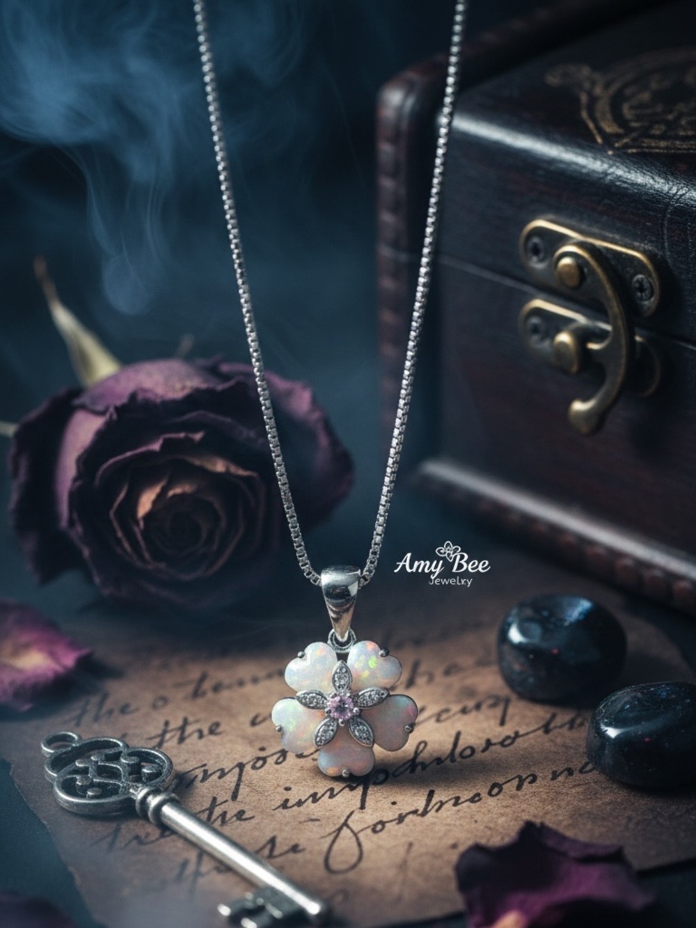 White Gold Plated Mysterious Flower Fire Opal Pendant Necklace. New.